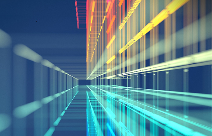 A digital rendering of a tunnel made from colorful rectangles
