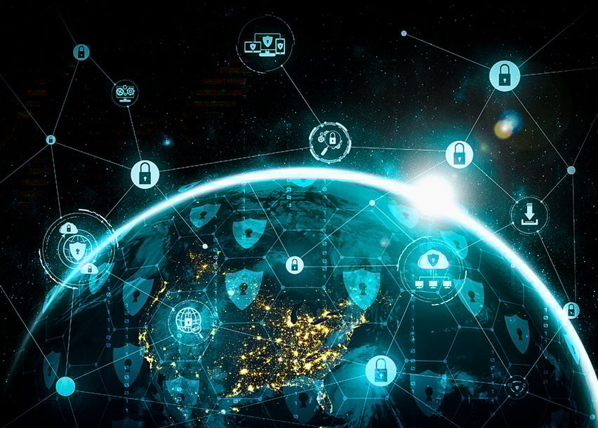 A globe surrounded by security icons